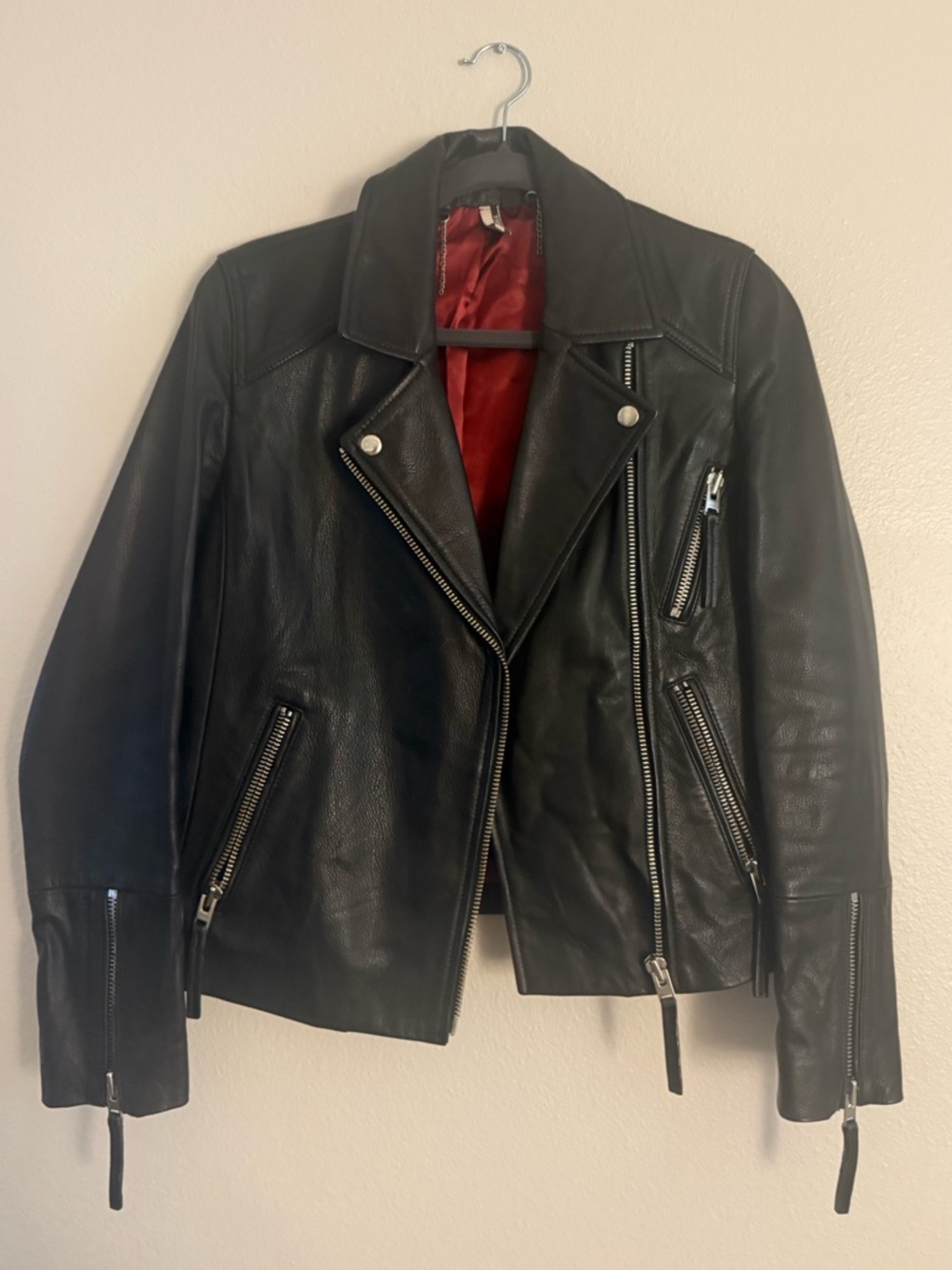 Topshop Black Leather Moto Jacket with Red Lining